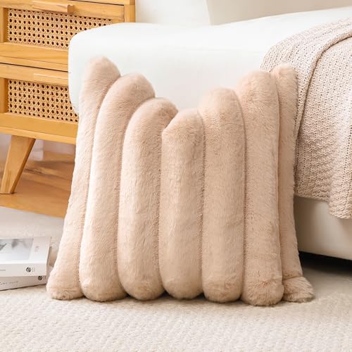Camel Faux Rabbit Fur Throw Pillow Cover 18x18 Inch - Cozy Plush Cushion for Sofa & Bed