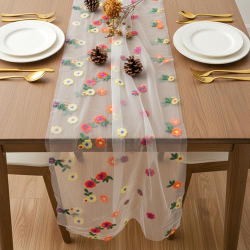 Champagne Embroidered Floral Table Runner Sheer Daisy Dining Decor