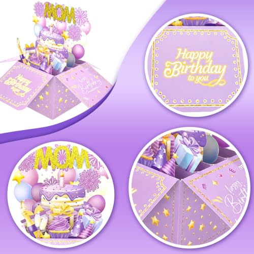 3D Pop Up Birthday Card for Mom - Purple and Gold Cake Design with Envelope
