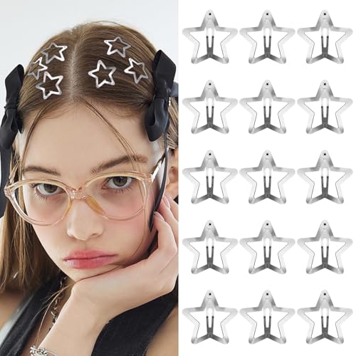 15Pcs Silver Star Hair Clips Metal Snap Barrettes Y2K Hair Accessories