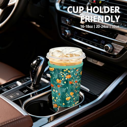 Reusable Neoprene Iced Coffee Sleeve - Green Flowers, 32 oz