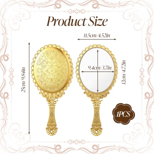 Vintage Hand Mirror with Handle - Retro Oval Embossed Golden Makeup Mirror