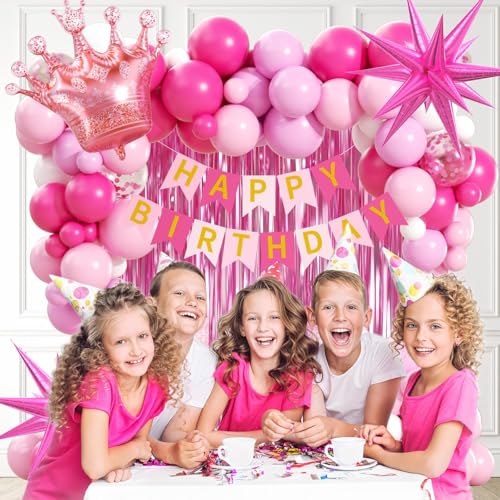Hot Pink Birthday Decorations Set with Balloons, Banner and Fringe Curtain
