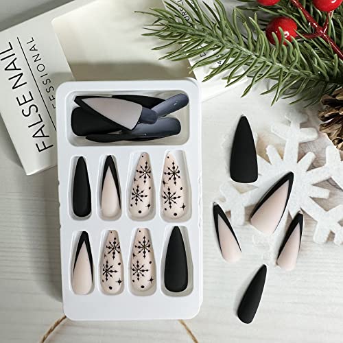 LETSWIN Black Snowflake Almond Press on Nails with Rhinestones 24 Pcs