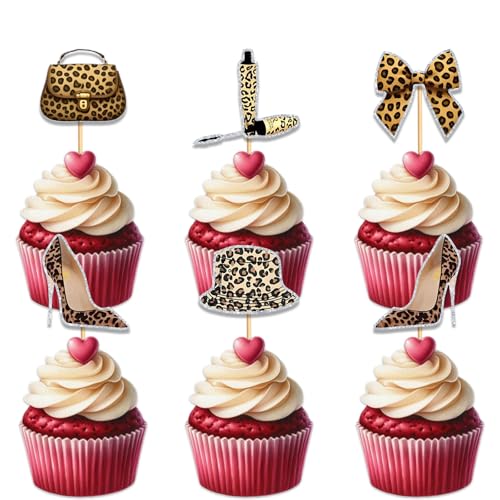 18pcs Leopard Print Glitter Cupcake Toppers for Parties