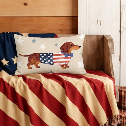 Patriotic USA Dachshund Lumbar Pillow Cover 12x20 - Americana Dog Decor