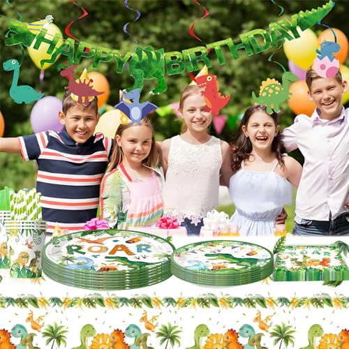 Dinosaur Birthday Party Set - 7pcs Plates, Napkins, Forks & Banner