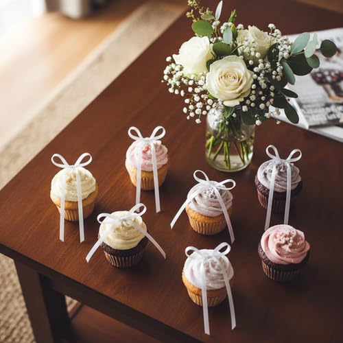 20 PCS White Bow Cupcake Toppers - Elegant Satin Ribbon Bows