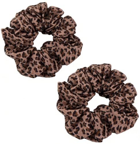 Leopard Print Satin Hair Scrunchies - 2 Pcs Large Cheetah Hair Ties