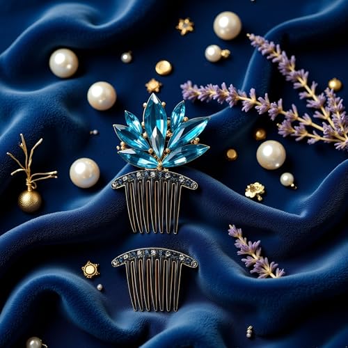 Blue Rhinestone Hair Combs 2-Piece Set Korean Style Seven-Tooth Hair Accessories