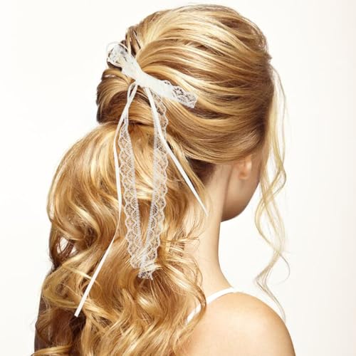 White Lace Hair Bow with Long Tail - Coquette Hair Clip Pair