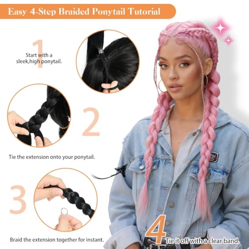 Rosmile 2 Pack 26 Inch Braid Ponytail Extension with Elastic Tie