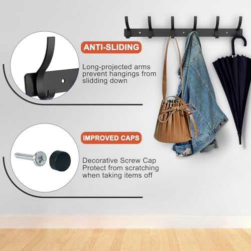 ZGELIN Wall Mounted Coat Rack with 6 Hooks - Sturdy Black Metal Hanger
