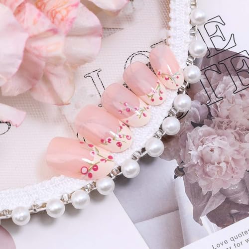 Short Almond French Tip Press on Nails with Pink Floral Design
