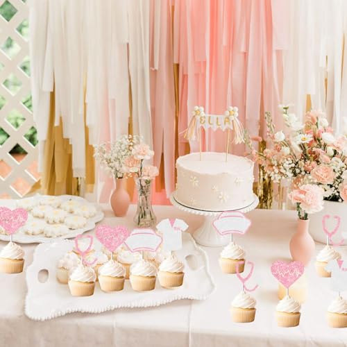 24-Piece Pink Nurse Graduation Cake Toppers Set - Stethoscope & Cap