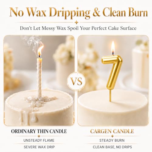 CARGEN Gold Number 7 Birthday Candle - 3D Chubby Cake Topper for Mini Cakes