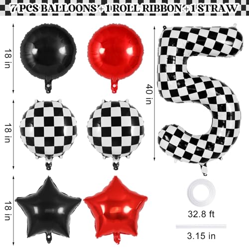 Checkered Number 5 Balloon - 40 Inch Foil Race Car Decoration