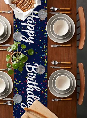 Navy Blue Happy Birthday Table Runner 13 x 36 Inches Polka Dot Celebration Decor