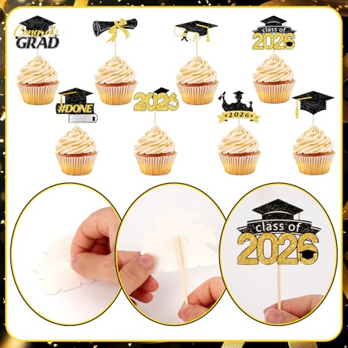 40Pcs Graduation Cupcake Toppers - Class of 2026 Black Gold