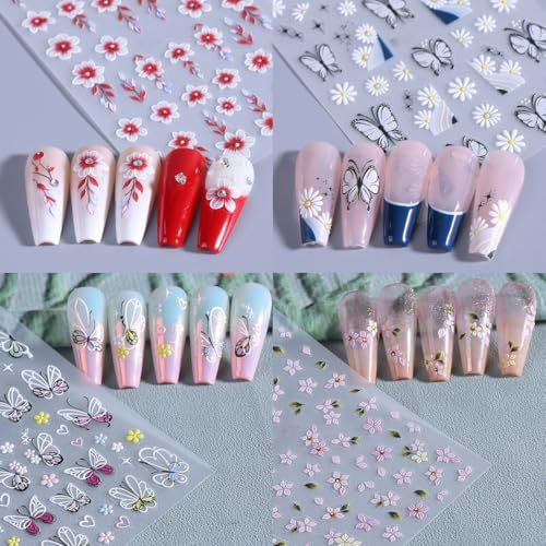 SHUXILIN 5D Embossed Flower Nail Stickers - Daisy & Butterfly Decals