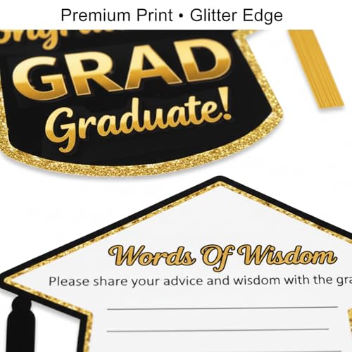 2026 Graduation Advice Cards - 50 Black & Gold Cap-Shaped Keepsakes