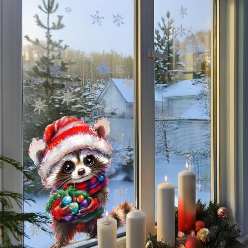 Christmas Window Cling Raccoon & Snowflake Decals - Style24