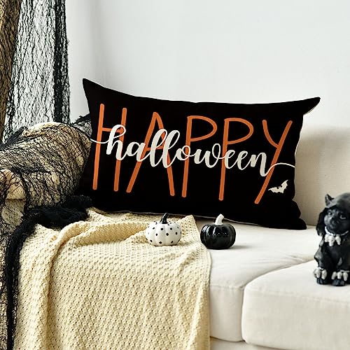 Happy Halloween Bat Throw Pillow Cover – 12x20 Inch Polyester Cushion Case