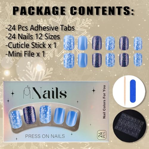 Christmas Press on Nails Short Round Blue Glitter Glossy Fake Nails Winter Snowflake Xmas Acrylic Nail Set