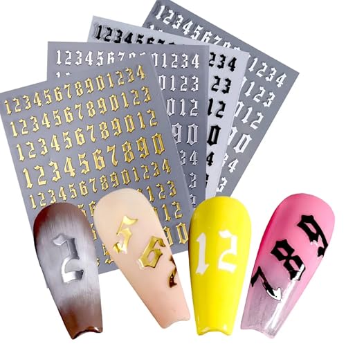 MOLILON 4 Sheets Retro Number Nail Stickers Self-Adhesive Decals