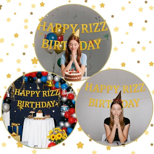 Happy Rizz Birthday Banner Pre-Strung Glitter Gold Party Decoration
