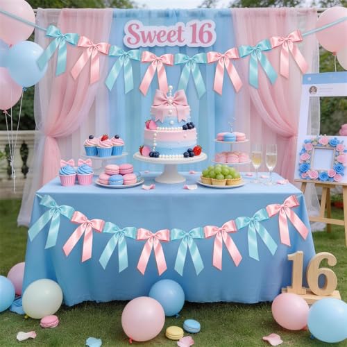 Pink & Blue Bow Garland Banner - 8 Pre-Strung Satin Bows