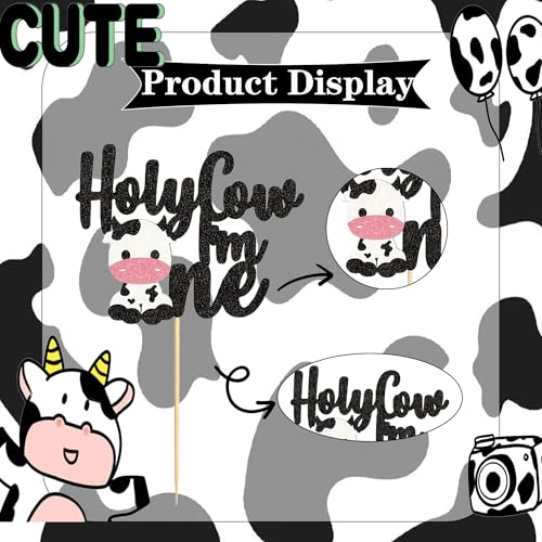 Holy Cow I'm One Cake Topper - Black Glitter Farm Theme