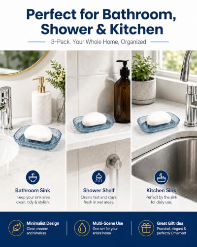 OTHEX 3-Pack Clear Plastic Soap Dishes with Raised Ridges for Bathroom & Kitchen