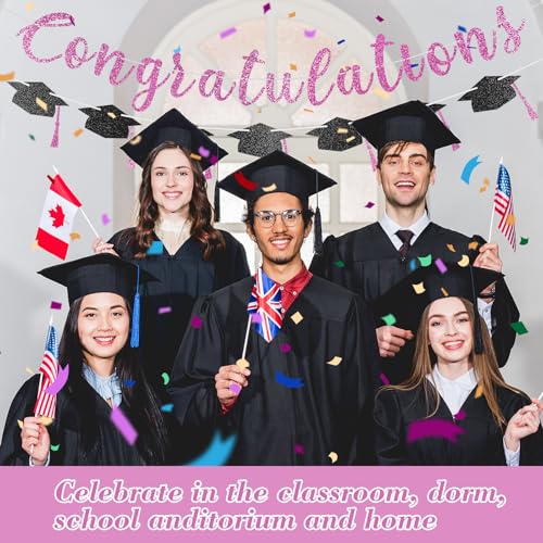 Pink Glitter Congratulations Banner for Graduation Party Class of 2026