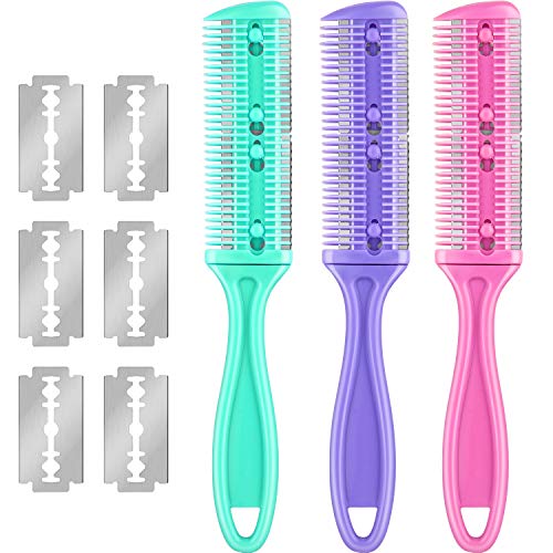 Maitys 3-Pack Hair Cutting Razor Combs with Extra Blades, Multi-Color