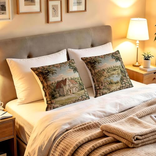 Vintage French Country Floral Pillow Covers, 18x18 Scene Cottage Set of 2