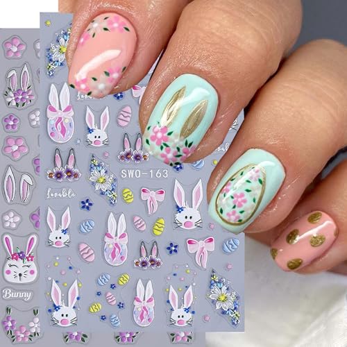 Easter Nail Art Stickers 4 Sheets - 5D Embossed Bunny & Flower Decals