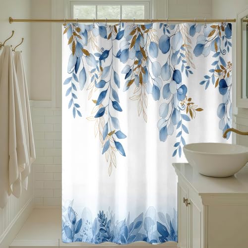 Blue and Gold Watercolor Shower Curtain - 72x72 Modern Abstract Bath Decor