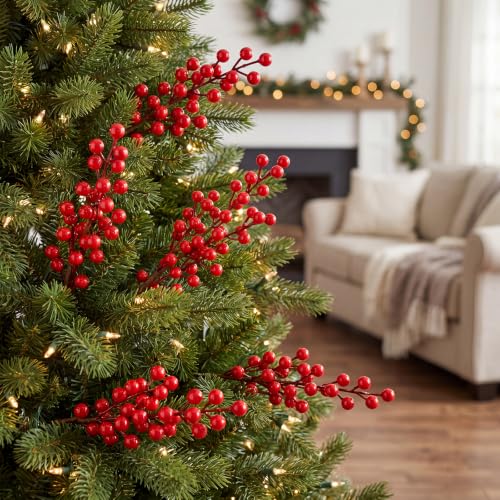 Artificial Red Berry Stems for Christmas Tree Decor - 16.9 Inches, 12 Pack