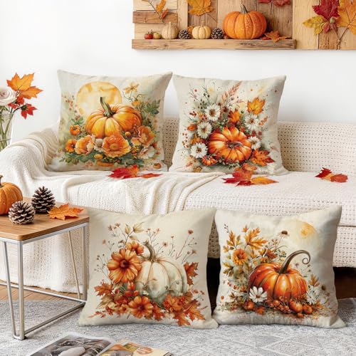 Fall Pillow Covers Set of 4 - 18x18 Inch Pumpkin & Leaves Design