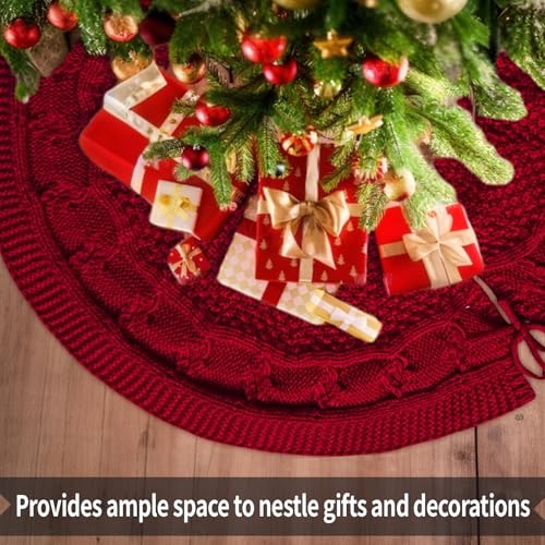 48 Inch Red Knitted Christmas Tree Skirt for 7 Ft Tree - Rustic Holiday Decor