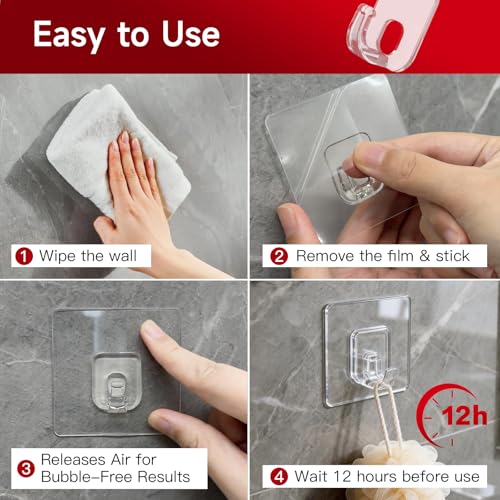 Large Clear Adhesive Hooks - 10 Pack Heavy Duty Waterproof Shower Hooks