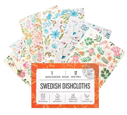 Swedish Dishcloths - 6 Pack Reusable Floral Cleaning Towels for Kitchen