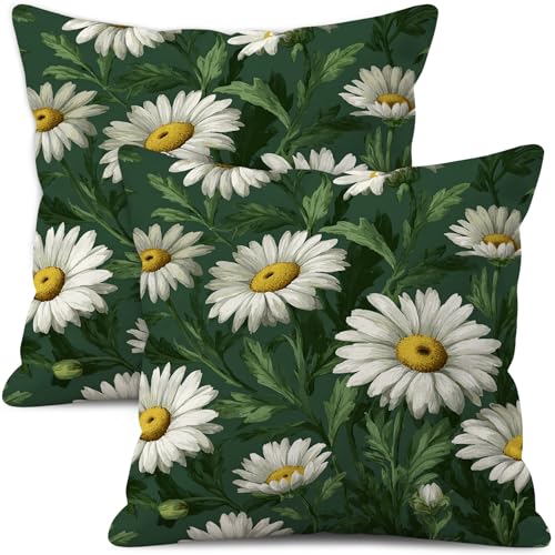 WitHero Dark Green Daisy Throw Pillow Covers, 18x18 Inch Floral Set of 2