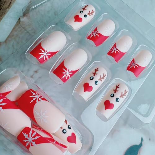 Christmas Press on Nails French Winter Snowflake Acrylic Fake Nails