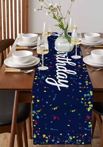 Navy Blue Happy Birthday Table Runner 13 x 36 Inches Polka Dot Celebration Decor