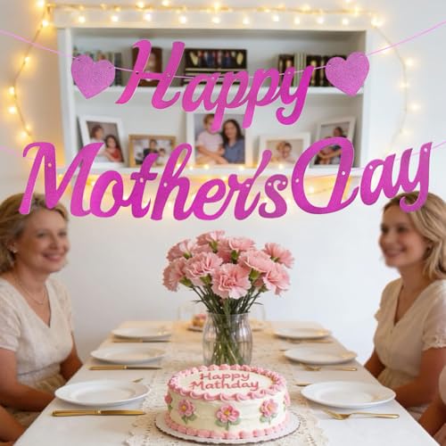 Happy Mother's Day Banner - Pink Glitter Heart Garland for Decor