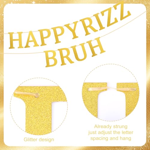 Happy Rizz Bruh Gold Glitter Birthday Banner - Pre-Strung Party Decor