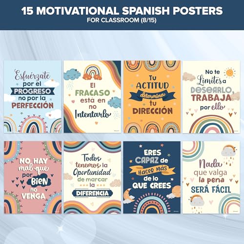 15 Boho Rainbow Spanish Classroom Posters | Motivational Decor