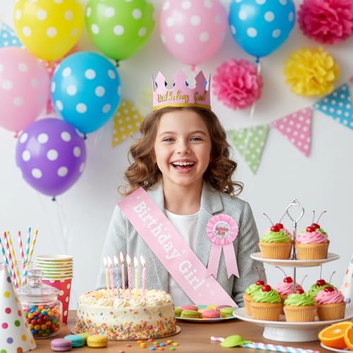 Pink Birthday Girl Crown and Sash Set for Girls | Party Accessories